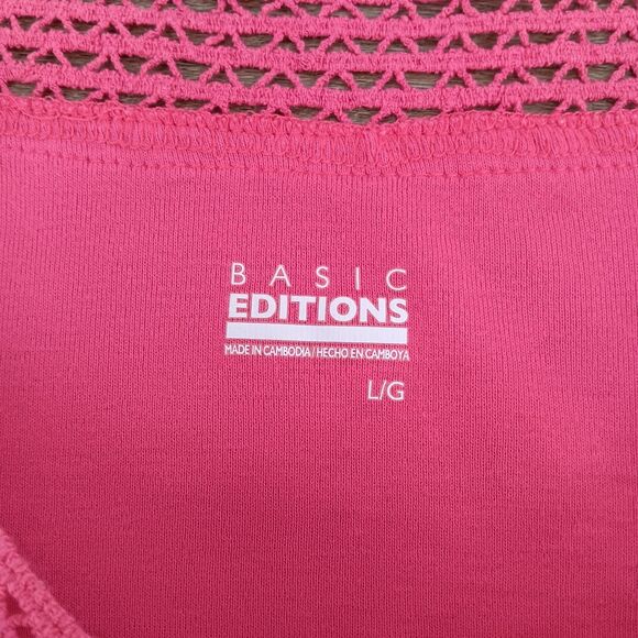 Basic Editions Shirt Women Large Pink Short Sleeve Crochet Neckline Casual Top - Picture 5 of 6